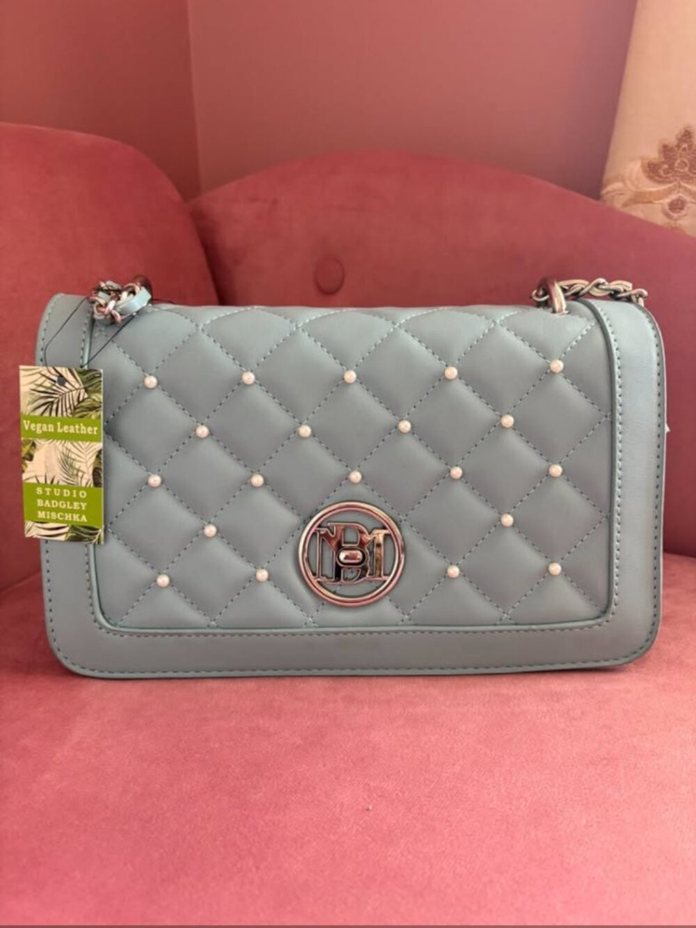 NWT Badgley Mischka Blue Vegan Leather Crossbody Handbag Pearl Accent